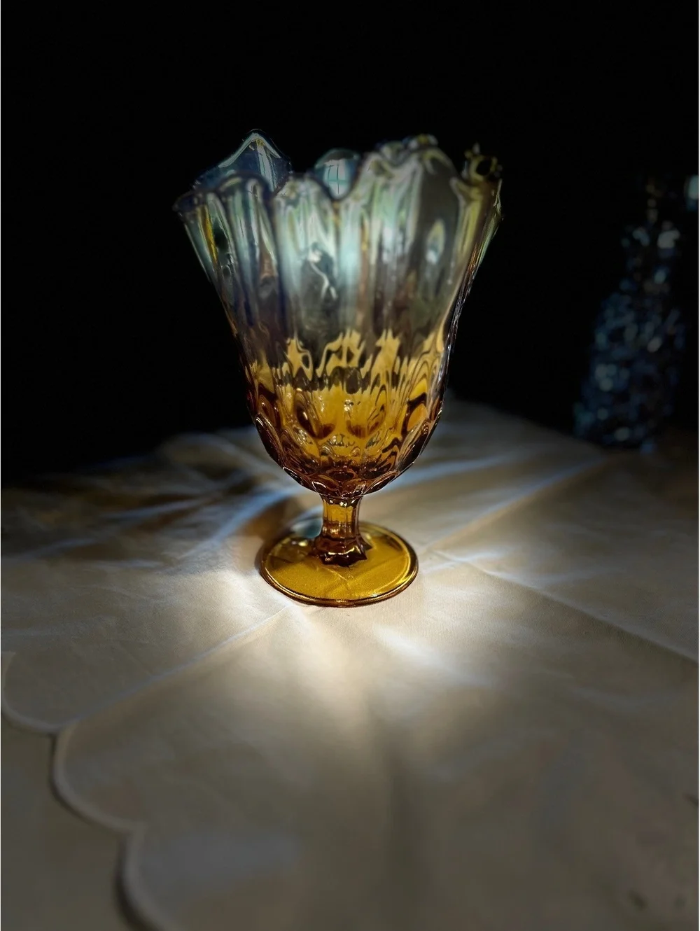 Vintage Fenton Art Glass Amber Thumbprint Handkerchief Swung Pedestal Vase 9